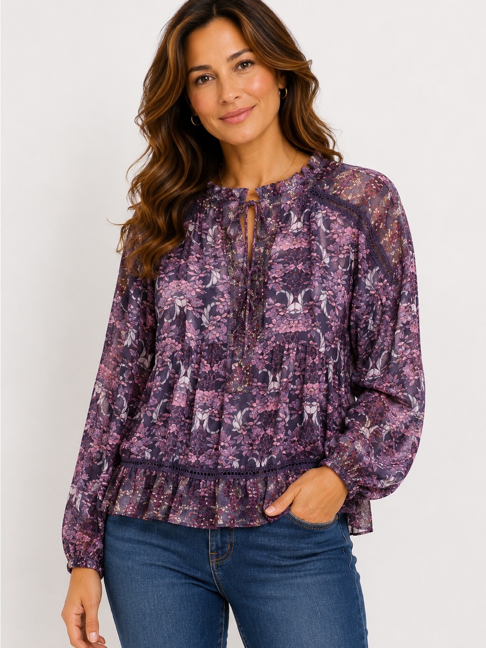Xhilaration Floral long sleeved boho Lace Up Sheer Purple Blouse, Size M